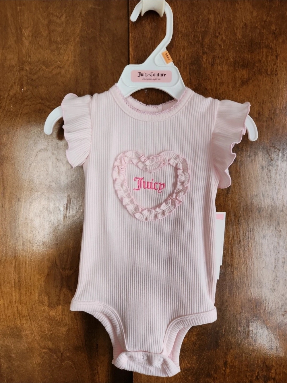 Juicy Couture Light Pink Ruffle Heart Ribbed Baby Bodysuit
